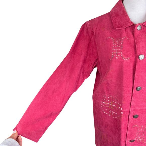 Look East Red Asian Geisha 100% Leather Collared Long Sleeve Button Down Jacket - Picture 7 of 11